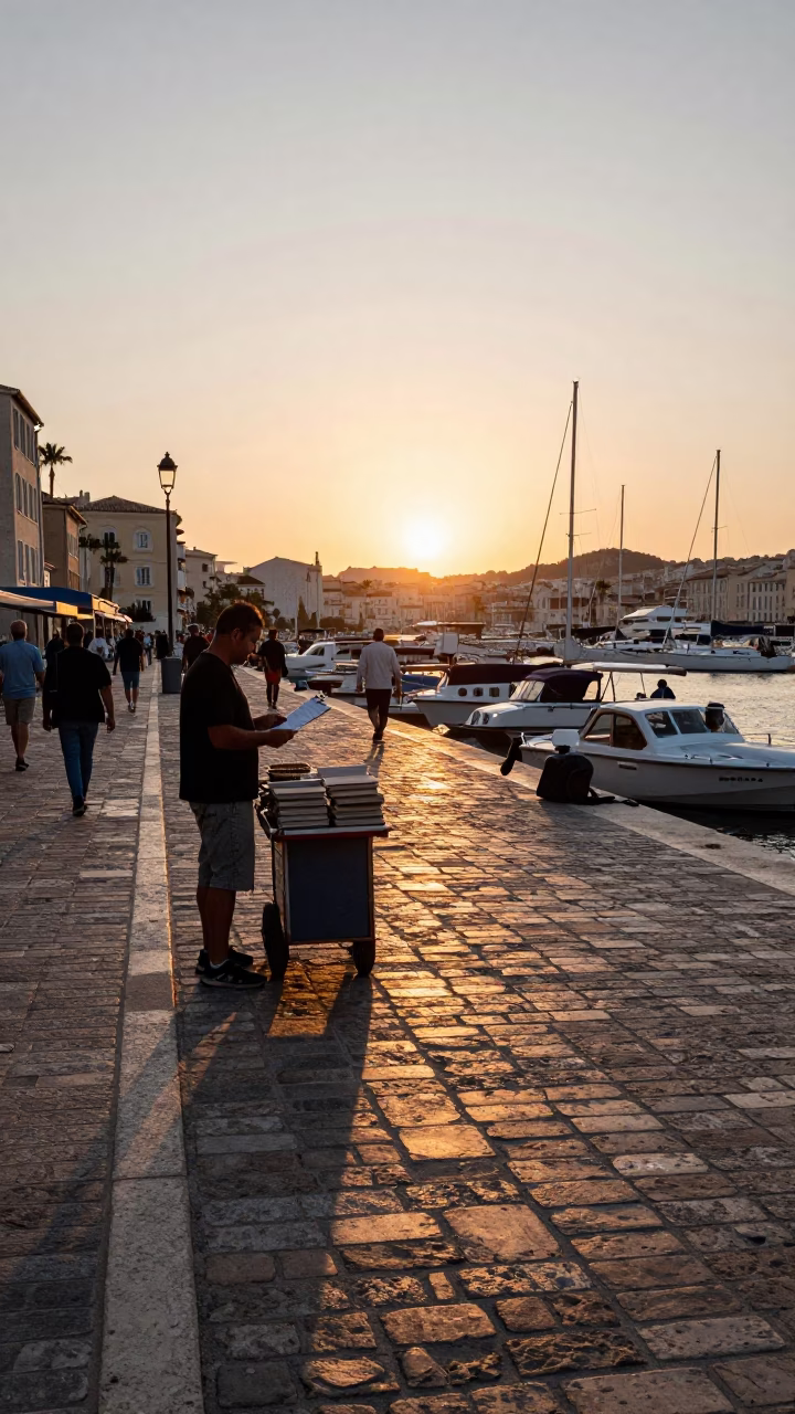 Busy Marseille Harbor Street Scene at Sunset with Clipboard and Rattan Chair in in Marseille, France