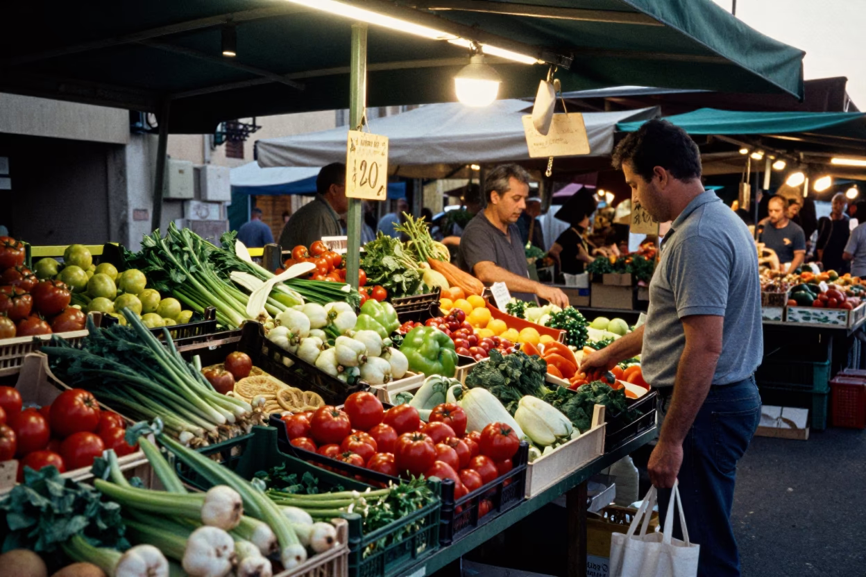 Busy Marseille Market Stall Early Evening with Colorful Produce and Local Vendor Activity in in Marseille, France