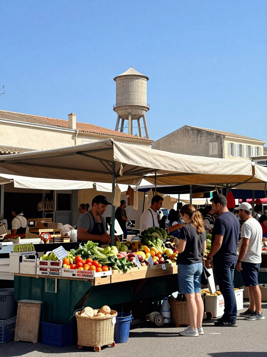 Busy Marseille Market Stall with Water Tower Rooftop View in Bright Midmorning Light in in Marseille, France