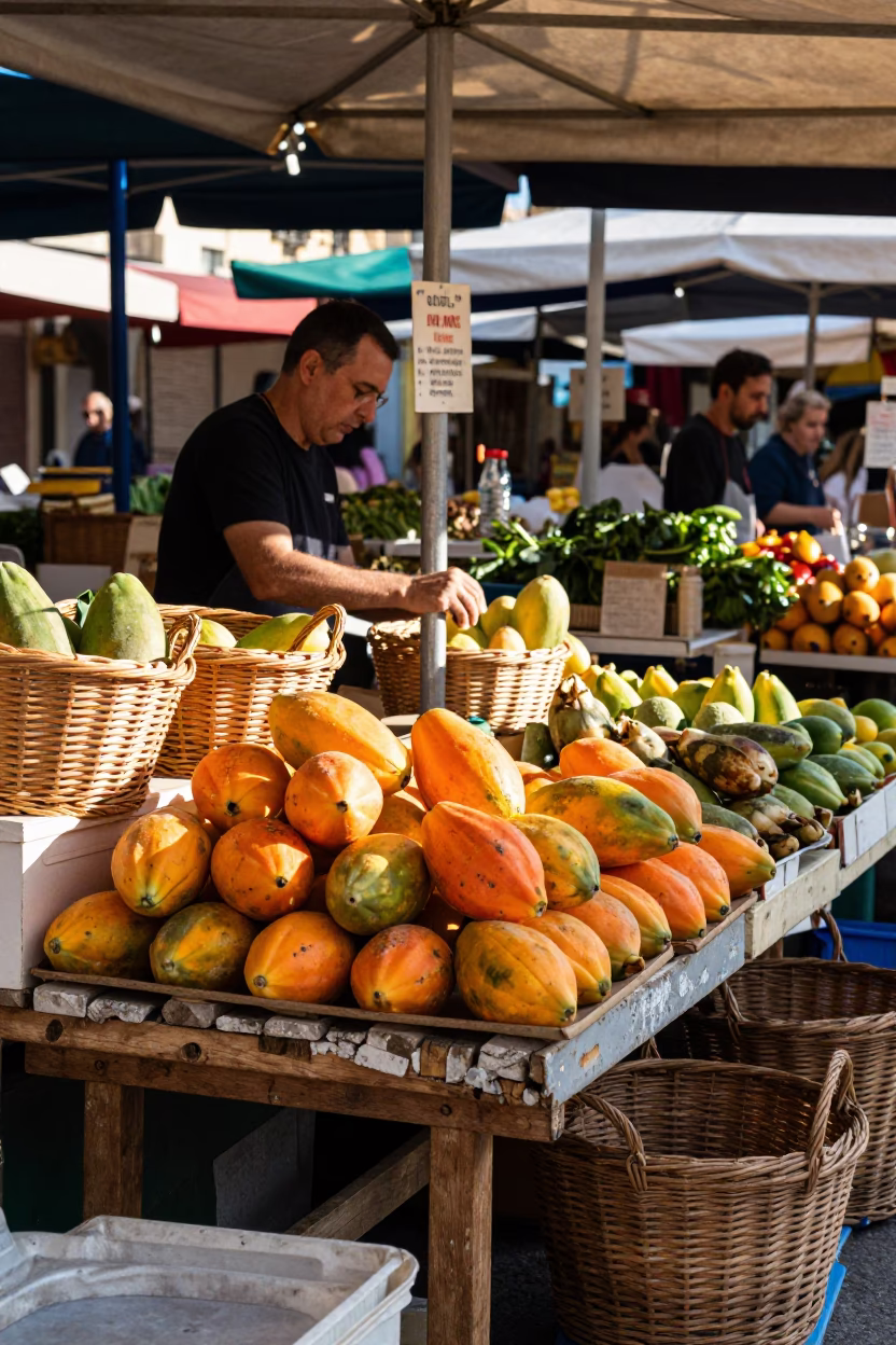 Busy Marseille Market Stall with Wicker Baskets and Fresh Papayas in Late Afternoon Light in in Marseille, France