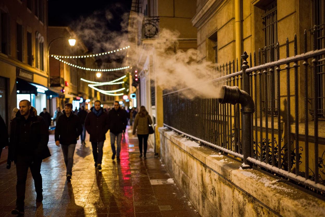 Busy Marseille Night Street Scene with String Lights and Steaming District Heating Pipes in in Marseille, France