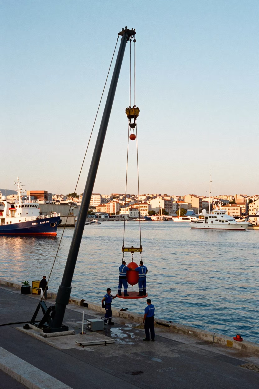 Busy Marseille Port Early Morning Hydrophone Buoy Craning Over Water in in Marseille, France