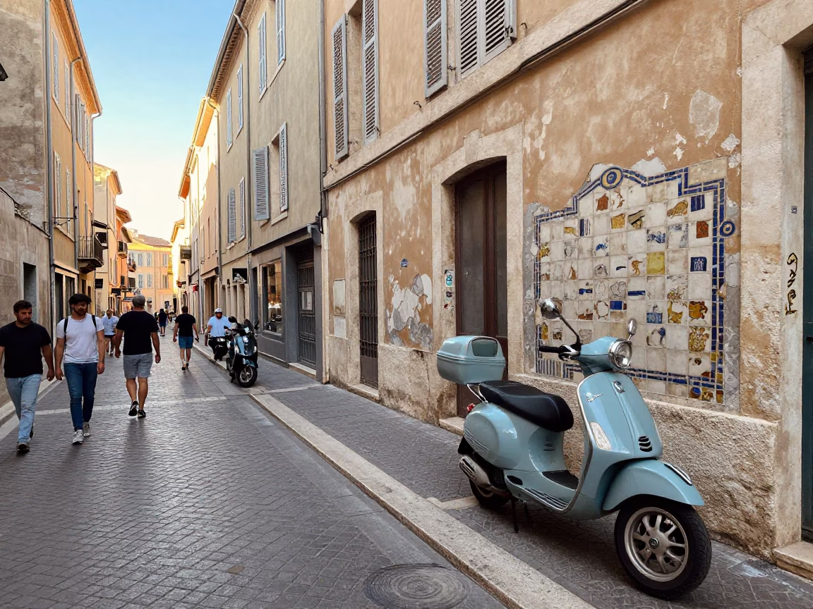 Busy Marseille Street Corner at First Light with Vintage Vespa and Mosaic Details in in Marseille, France
