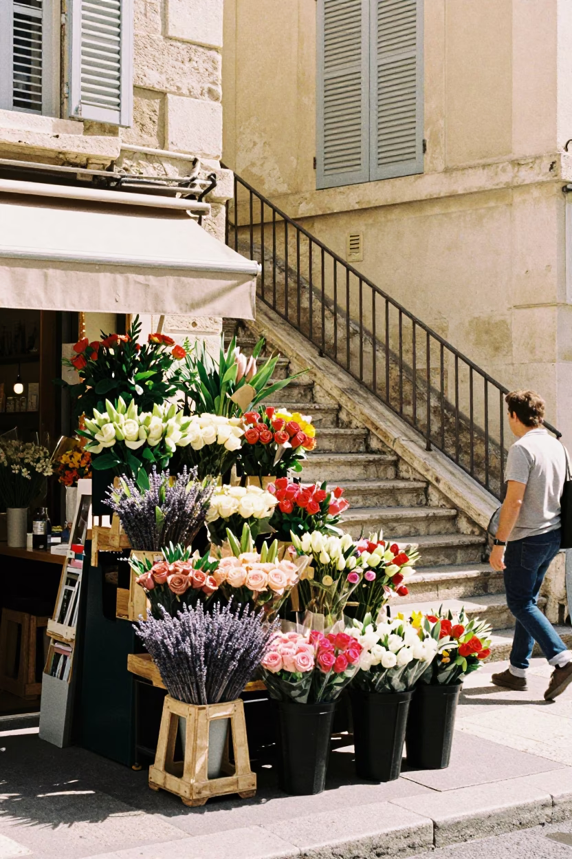 Busy Marseille Street Corner Florist Display in Bright Midmorning Light in in Marseille, France