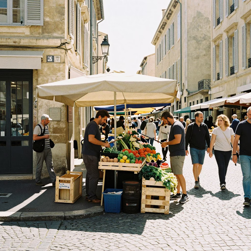 Busy Marseille Street Corner Midmorning Light with Local Market Activity in in Marseille, France