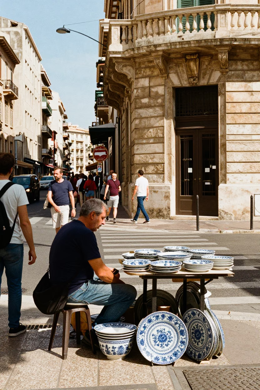 Busy Marseille Street Corner Noon Sunlight with Blue Porcelain and Glass Chair in in Marseille, France
