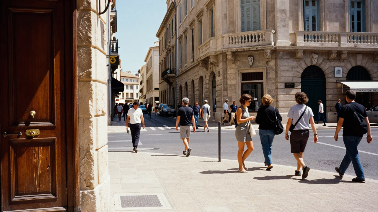 Busy Marseille Street Corner Under Flat Noon Glare with Door Latch and Dust Details in in Marseille, France