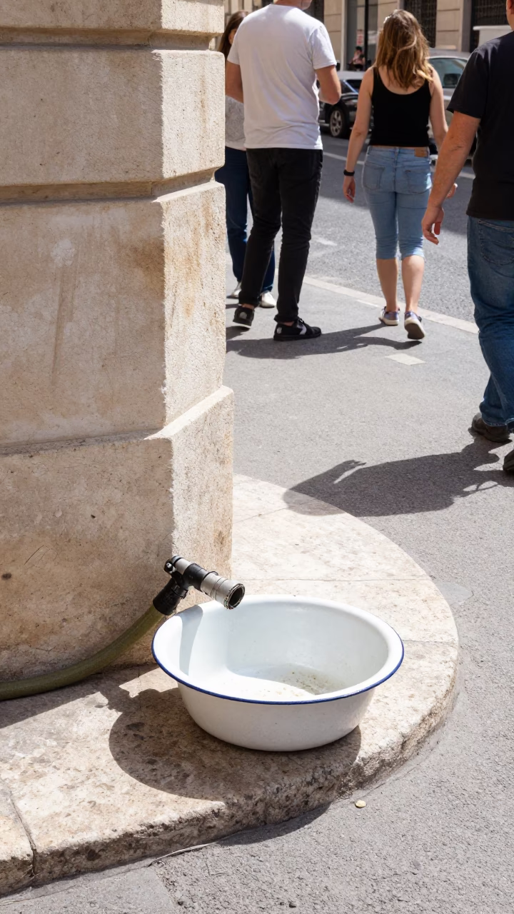 Busy Marseille Street Corner with Hose Nozzle and Basin in Bright Midmorning Light in in Marseille, France