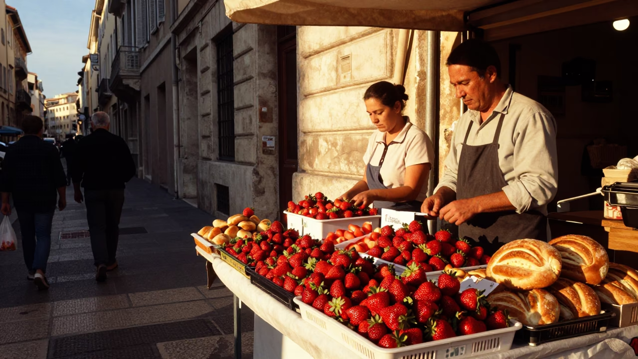 Busy Marseille Street Corner with Strawberries and Woven Bread Basket in Honeyed Evening Light in in Marseille, France