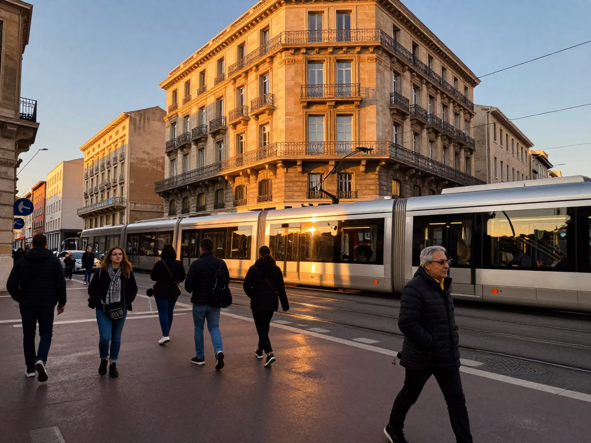 Busy Marseille street scene at dusk with monorail reflection and local activity in in Marseille, France