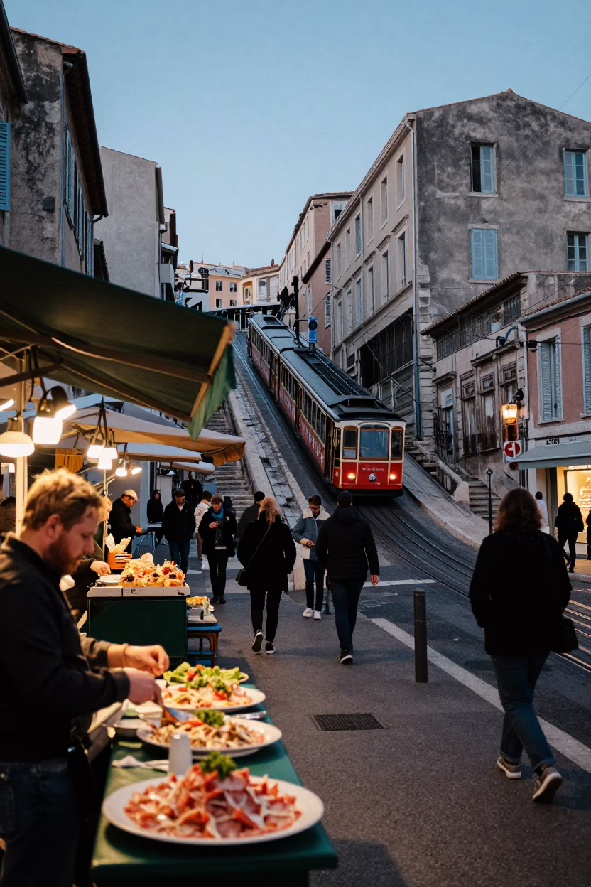 Busy Marseille street scene at nautical dawn with funicular climbing steep hill in in Marseille, France