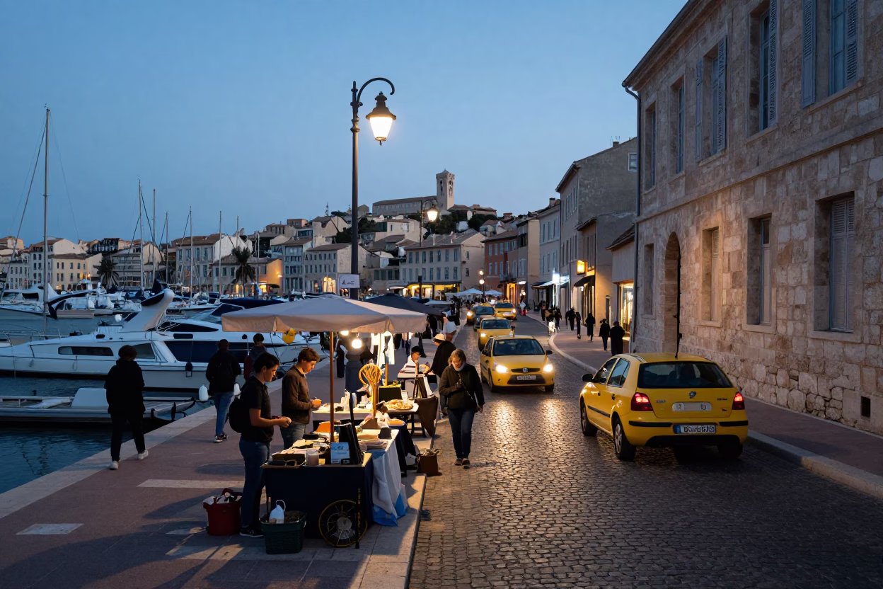 Busy Marseille Street Scene at Nautical Dawn with Local Market Activity in in Marseille, France