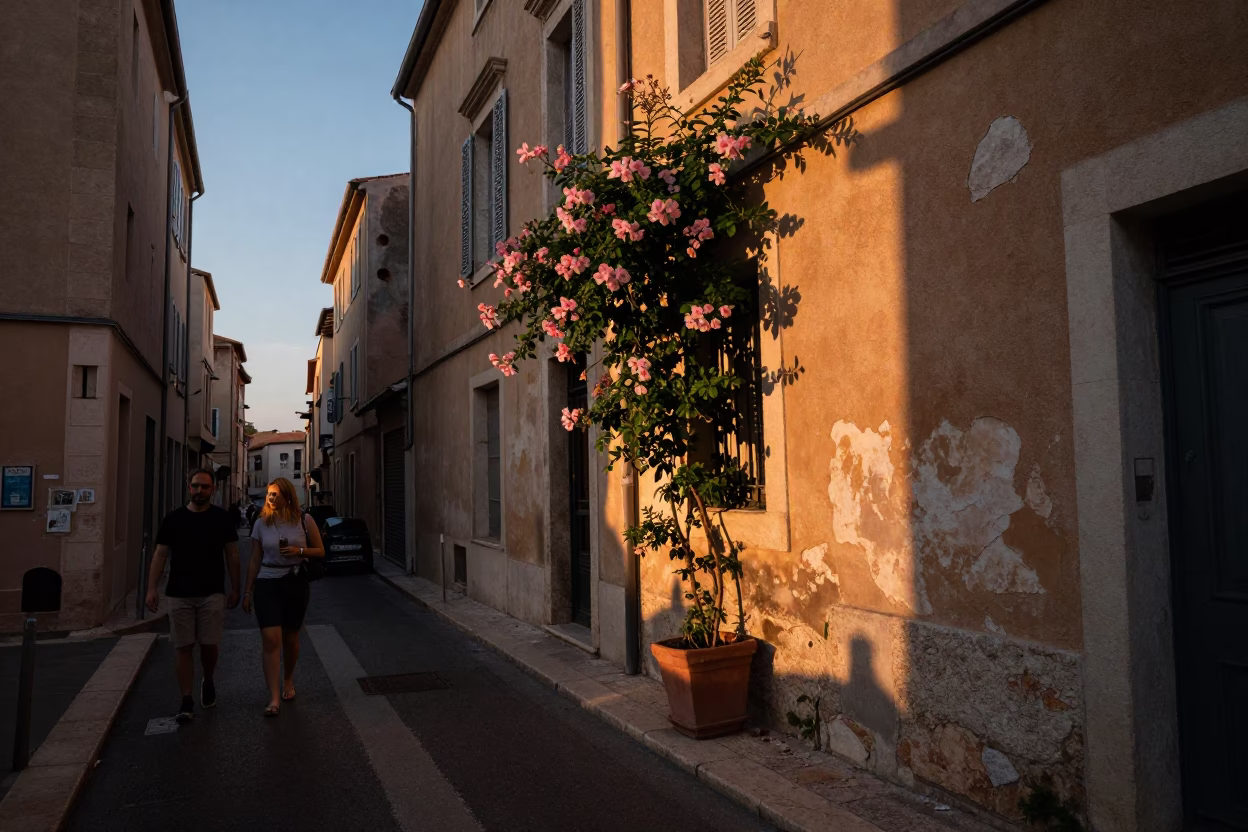 Busy Marseille Street Scene at Sunset with Climbing Jasmine and Dusty Plaster Walls in in Marseille, France