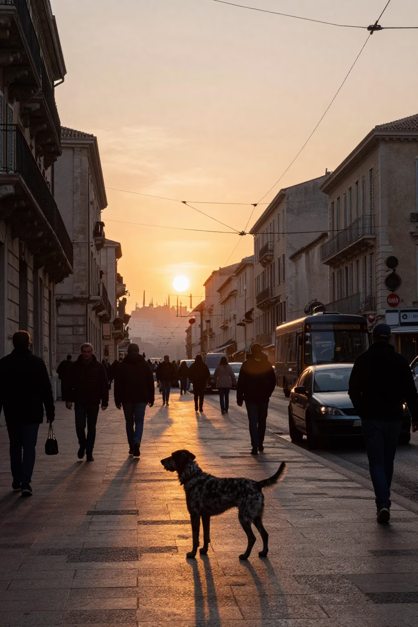 Busy Marseille Street Scene at Sunset with German Shorthaired Pointer and Catenary Lines in in Marseille, France