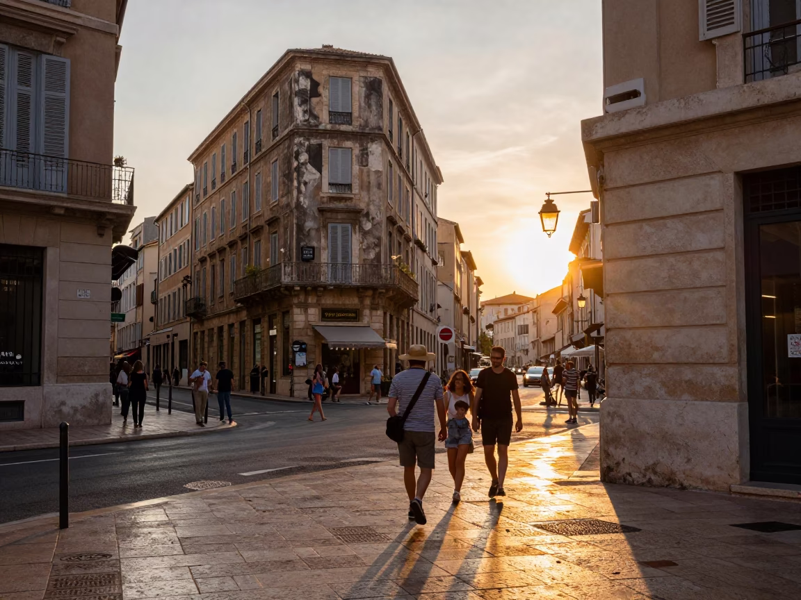 Busy Marseille Street Scene at Sunset with Sun Hat and Wicker Basket in in Marseille, France
