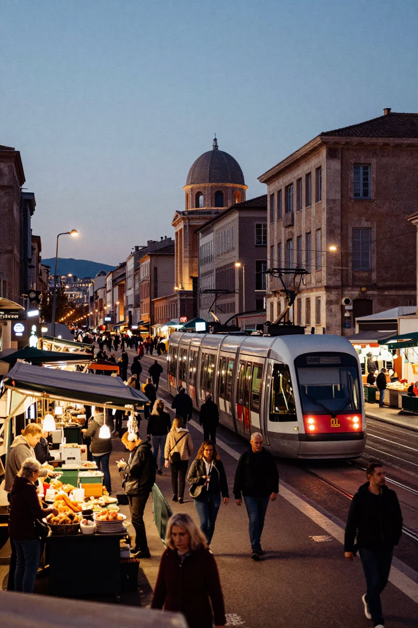 Busy Marseille Street Scene Before Dawn with Monorail and Local Market Activity in in Marseille, France