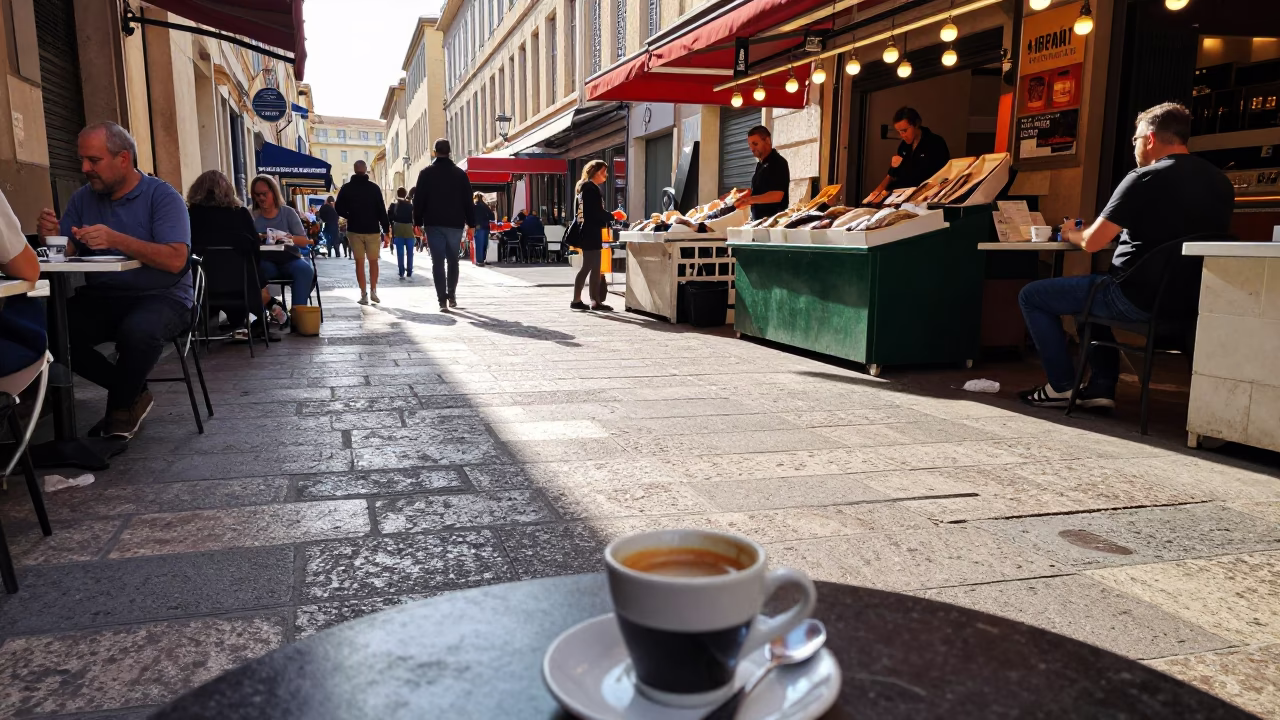 Busy Marseille Street Scene Early Afternoon Espresso Cup on Café Terrace in in Marseille, France