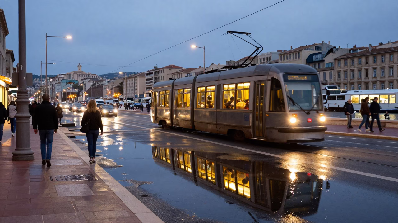 Busy Marseille Street Scene Early Evening Tram Reflection on Wet Cobblestones in in Marseille, France
