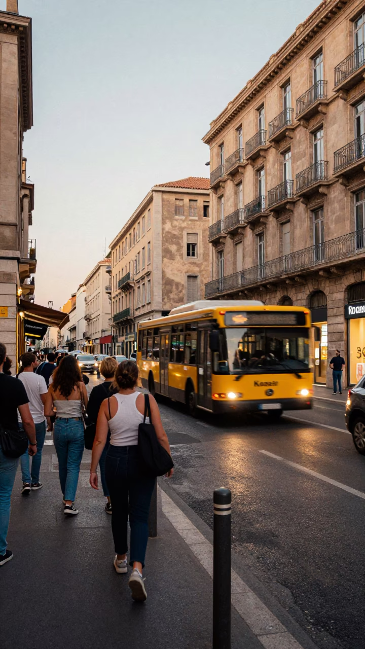 Busy Marseille Street Scene Early Evening with Classic Bus and Local Interaction in in Marseille, France
