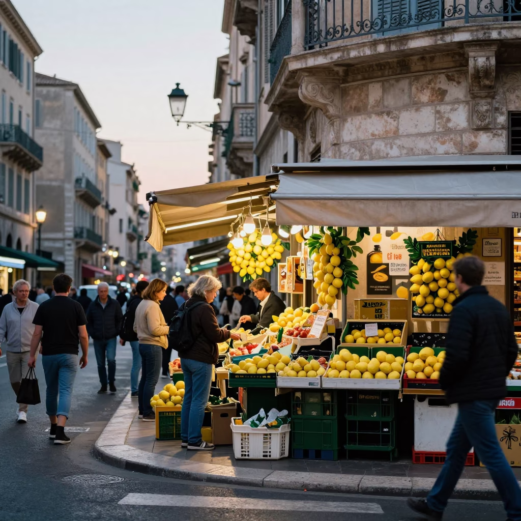 Busy Marseille Street Scene Early Evening with Lemons and Watering Jug in in Marseille, France