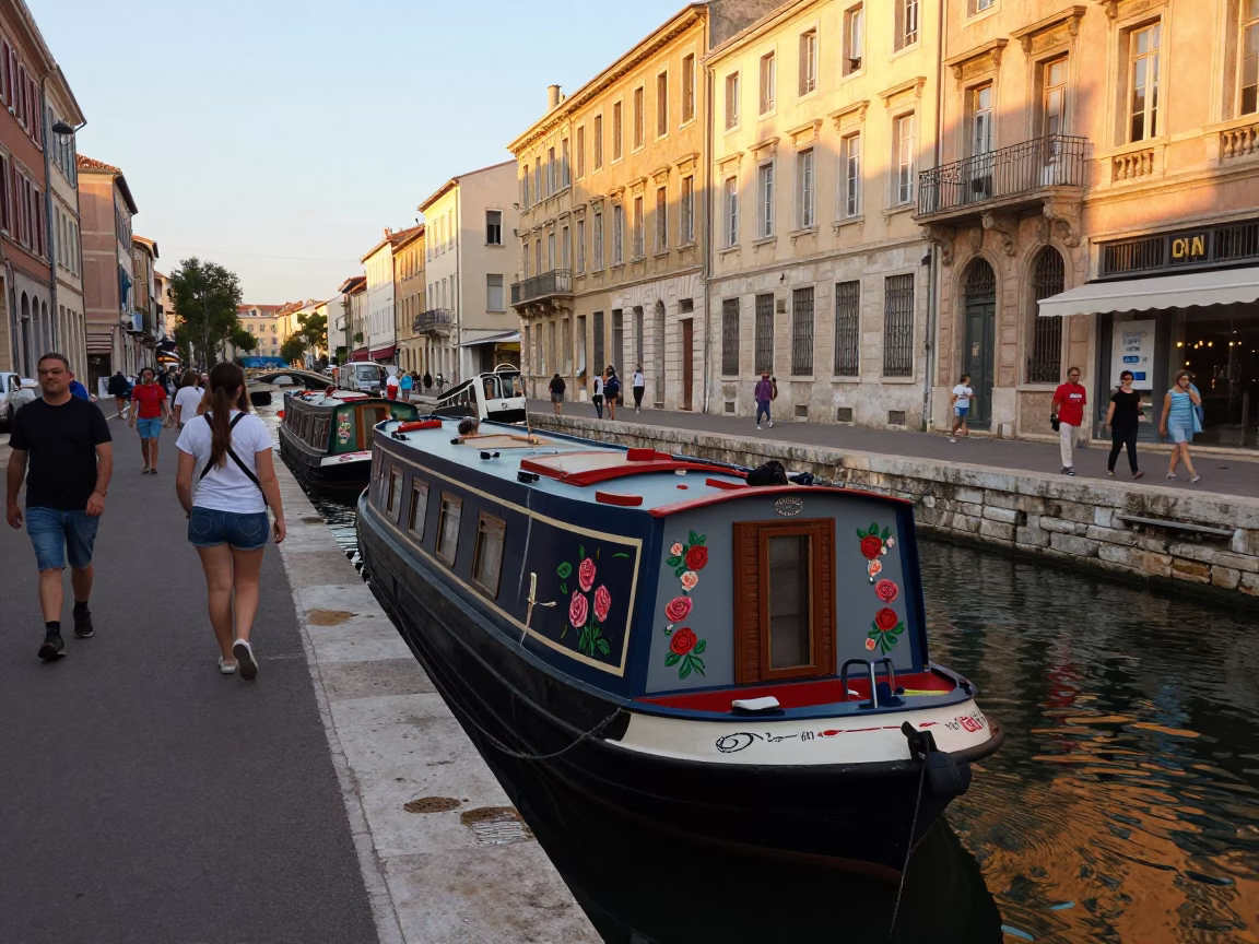 Busy Marseille Street Scene Early Evening with Narrowboat Canal View in in Marseille, France