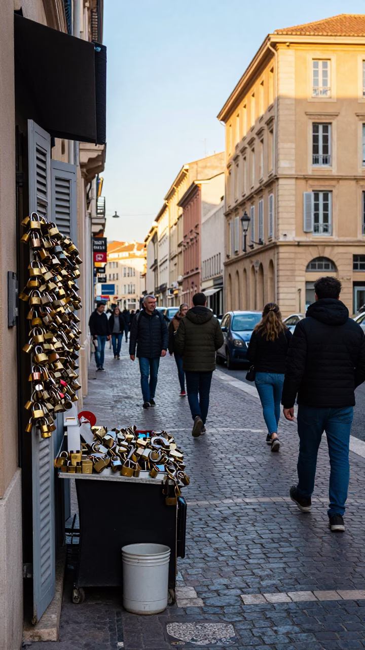 Busy Marseille Street Scene Early Morning with Padlock and Coconuts in in Marseille, France