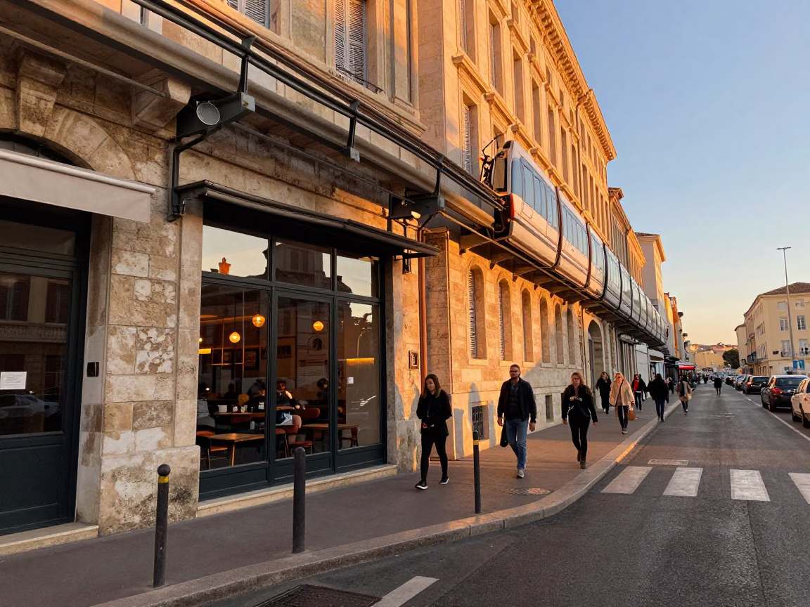 Busy Marseille Street Scene in Honeyed Evening Light with Local Life and Urban Details in in Marseille, France