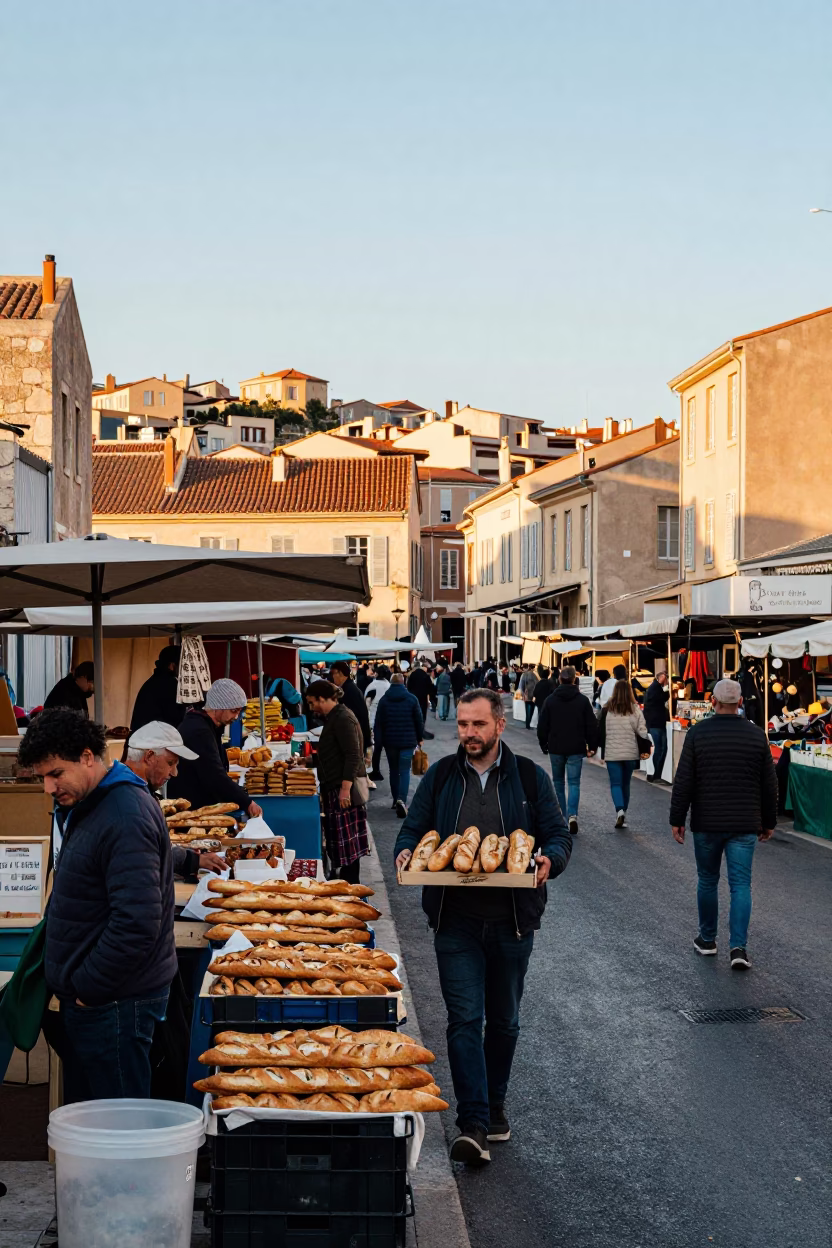 Busy Marseille Street Scene Just After Sunrise with Local Market Activity in in Marseille, France