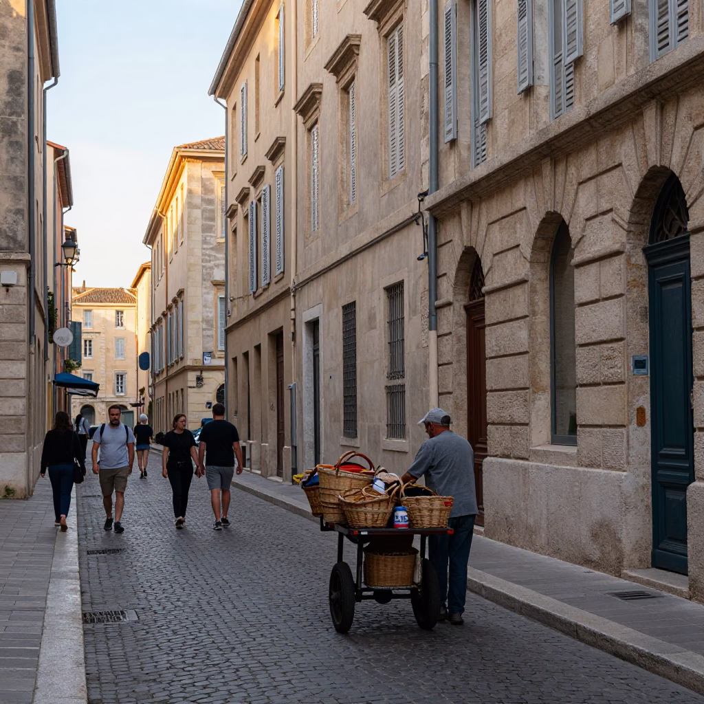 Busy Marseille street scene just after sunrise with locals and vintage details in in Marseille, France
