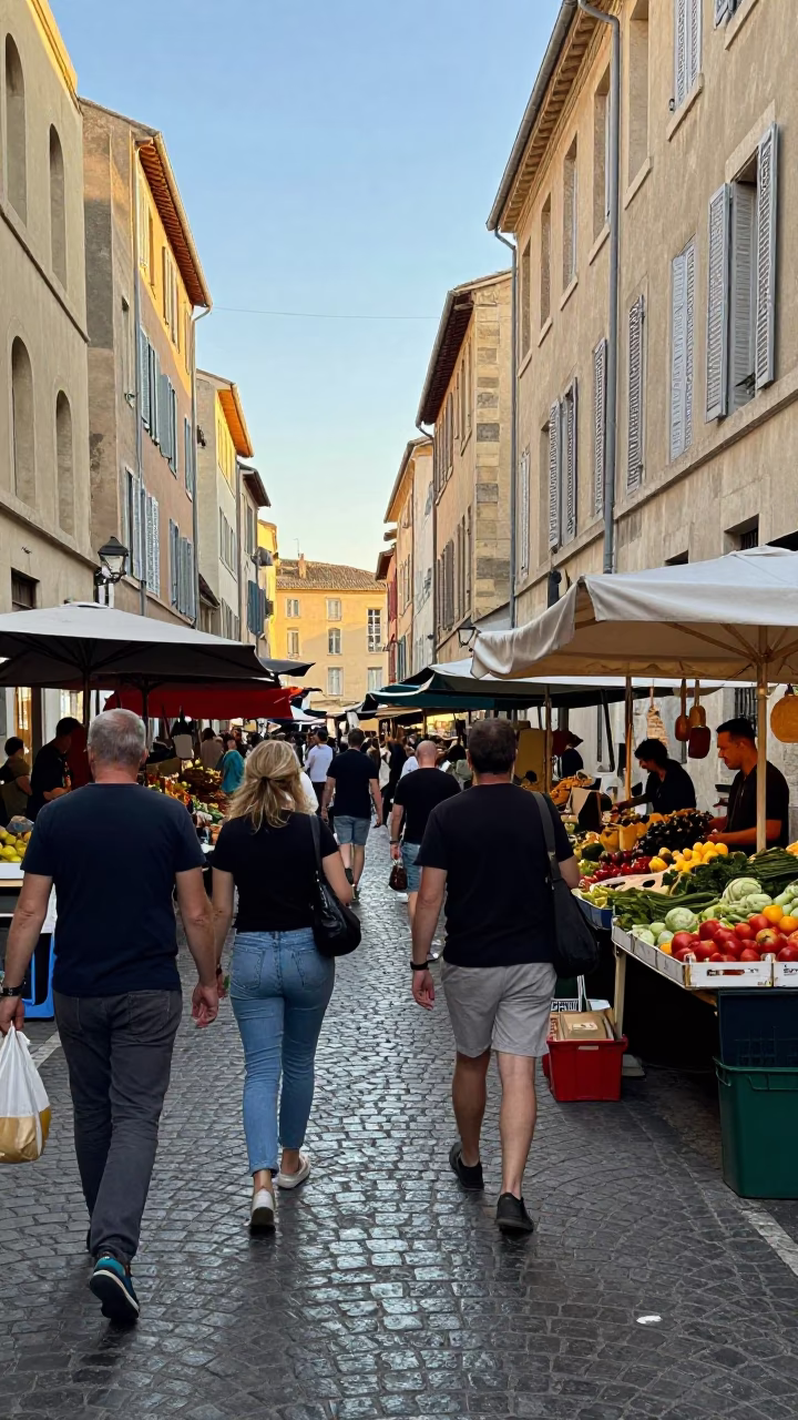 Busy Marseille Street Scene Late Afternoon with Local Market Vendors and Pedestrians in in Marseille, France