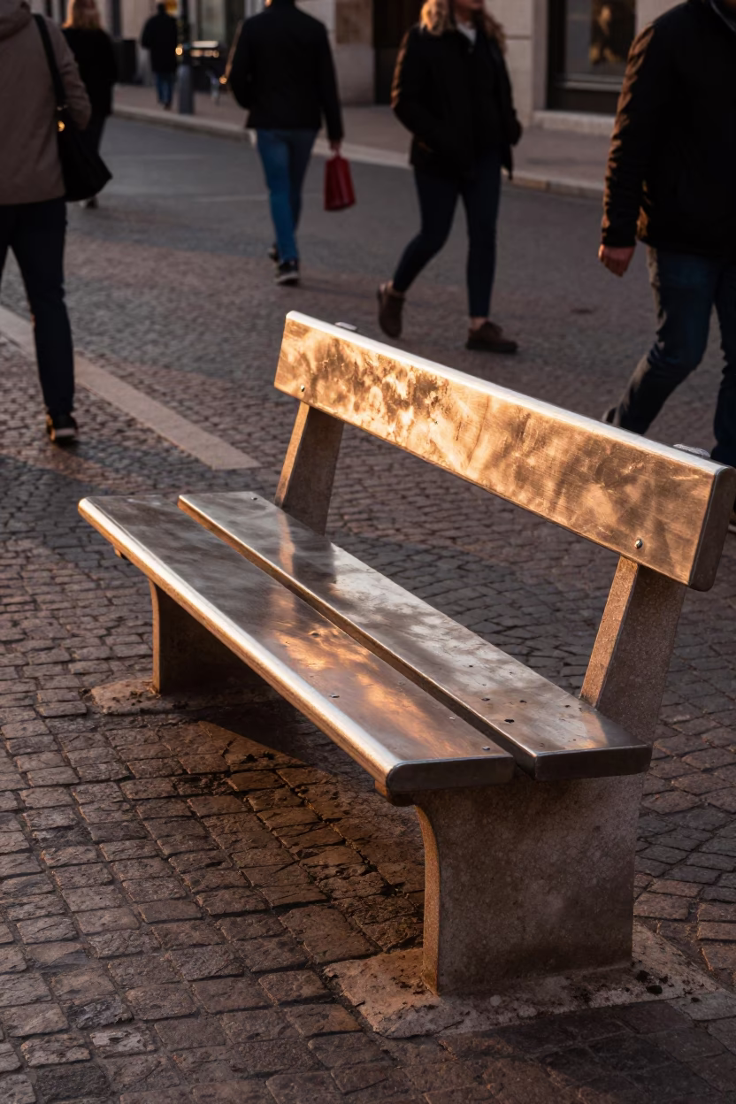 Busy Marseille street scene with brushed steel bench slat in copper dusk light in in Marseille, France
