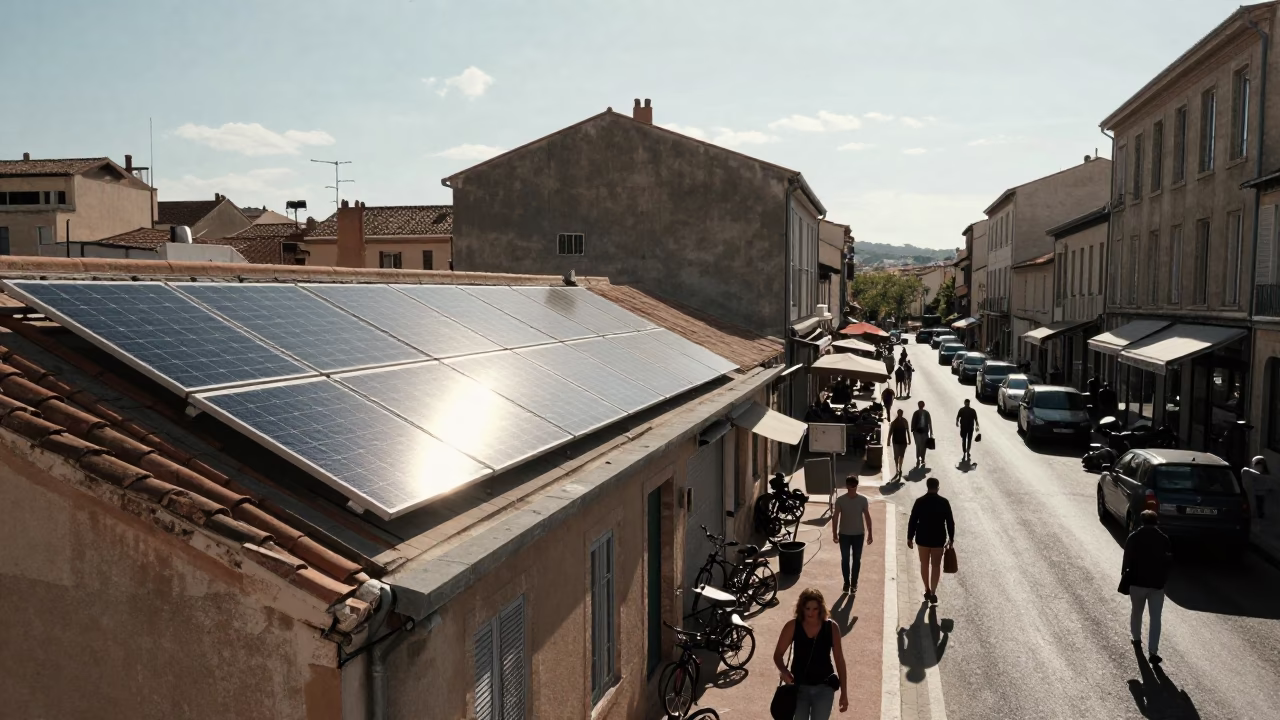 Busy Marseille Street Scene with Solar Array Glinting in Early Afternoon Sunlight in in Marseille, France