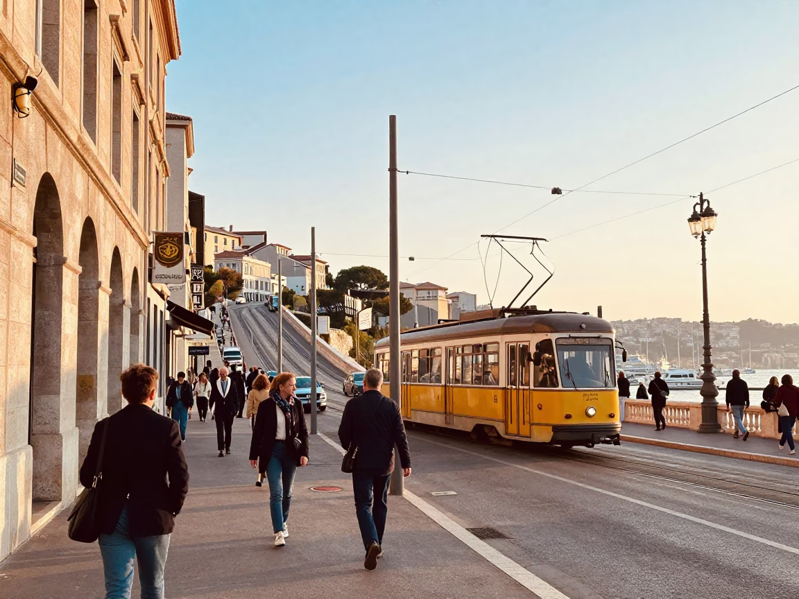 Busy Marseille Street Scene with Tram on Steep Hill Just After Sunrise in France in in Marseille, France