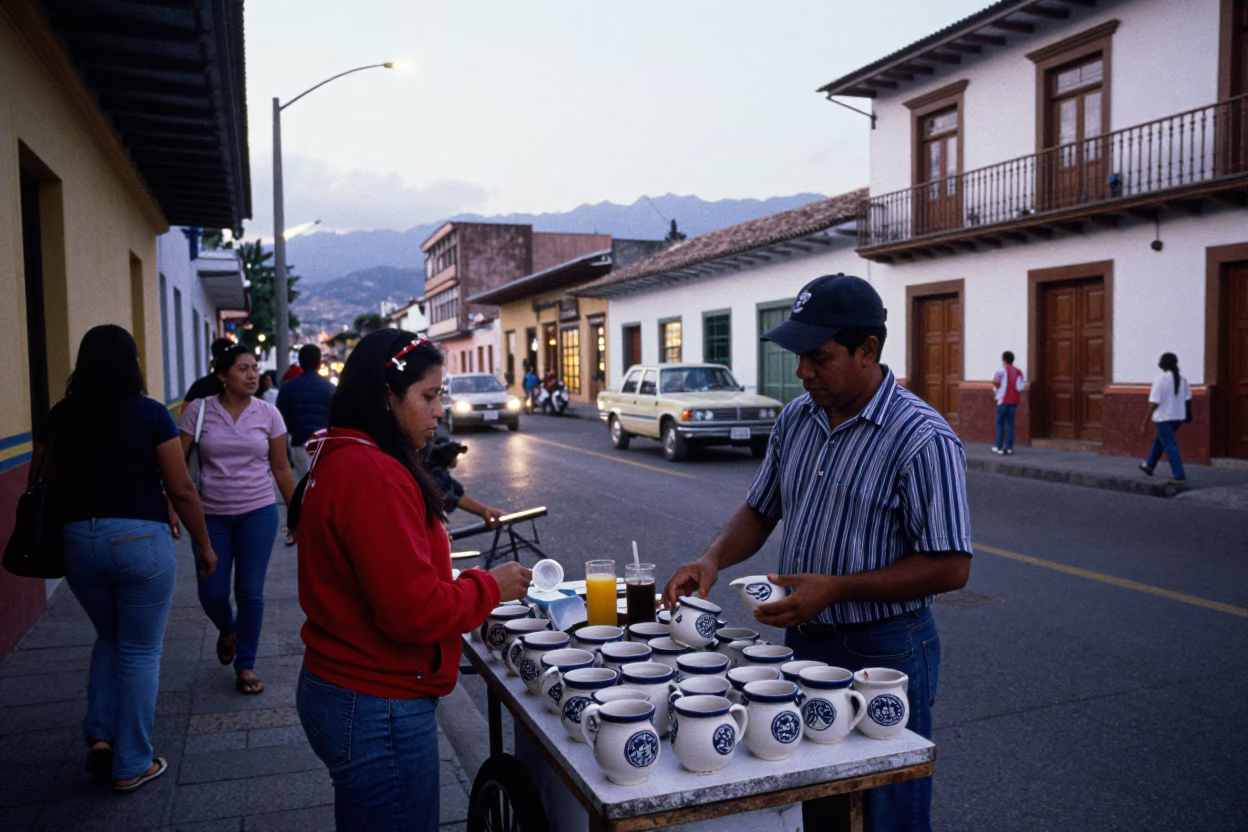 Busy Medellín Colombia Early Evening Street Scene with Ceramic Mugs and Pigeons in in Medellin, Colombia