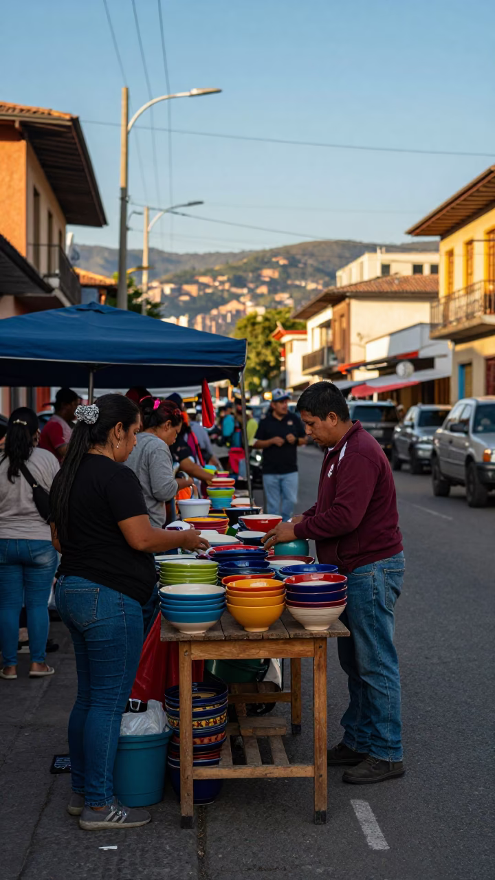 Busy Medellin Colombia Late Afternoon Street Scene with Local Market Activity in in Medellin, Colombia
