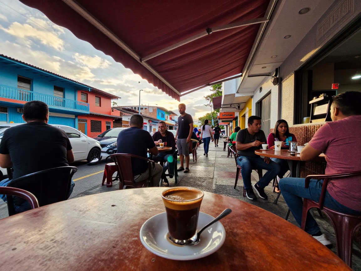 Busy Medellin Colombia Late Afternoon Street Scene with Turkish Coffee Cup and Local Interaction in in Medellin, Colombia