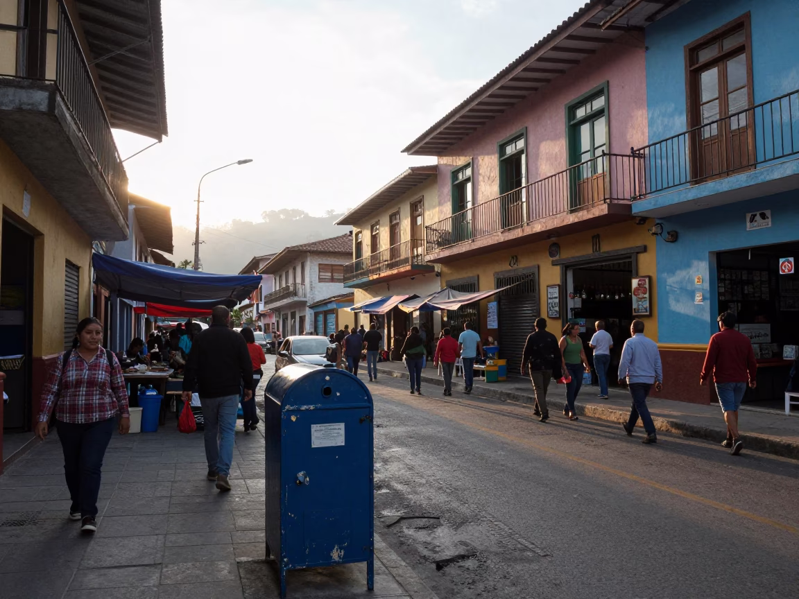 Busy Medellin Colombia Street Scene After Sunrise with Local Market Activity in in Medellin, Colombia