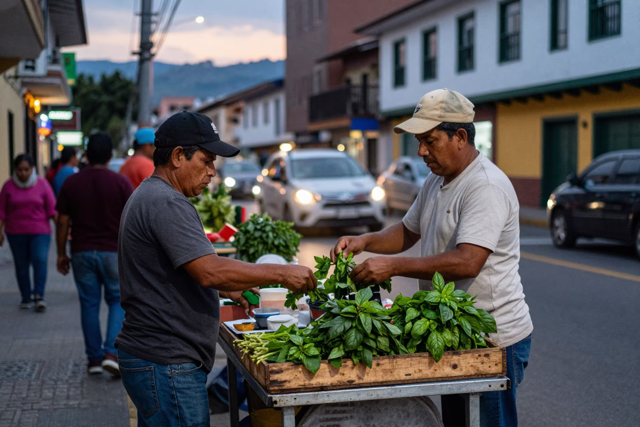 Busy Medellin Colombia street scene at twilight with vendors and urban life in in Medellin, Colombia