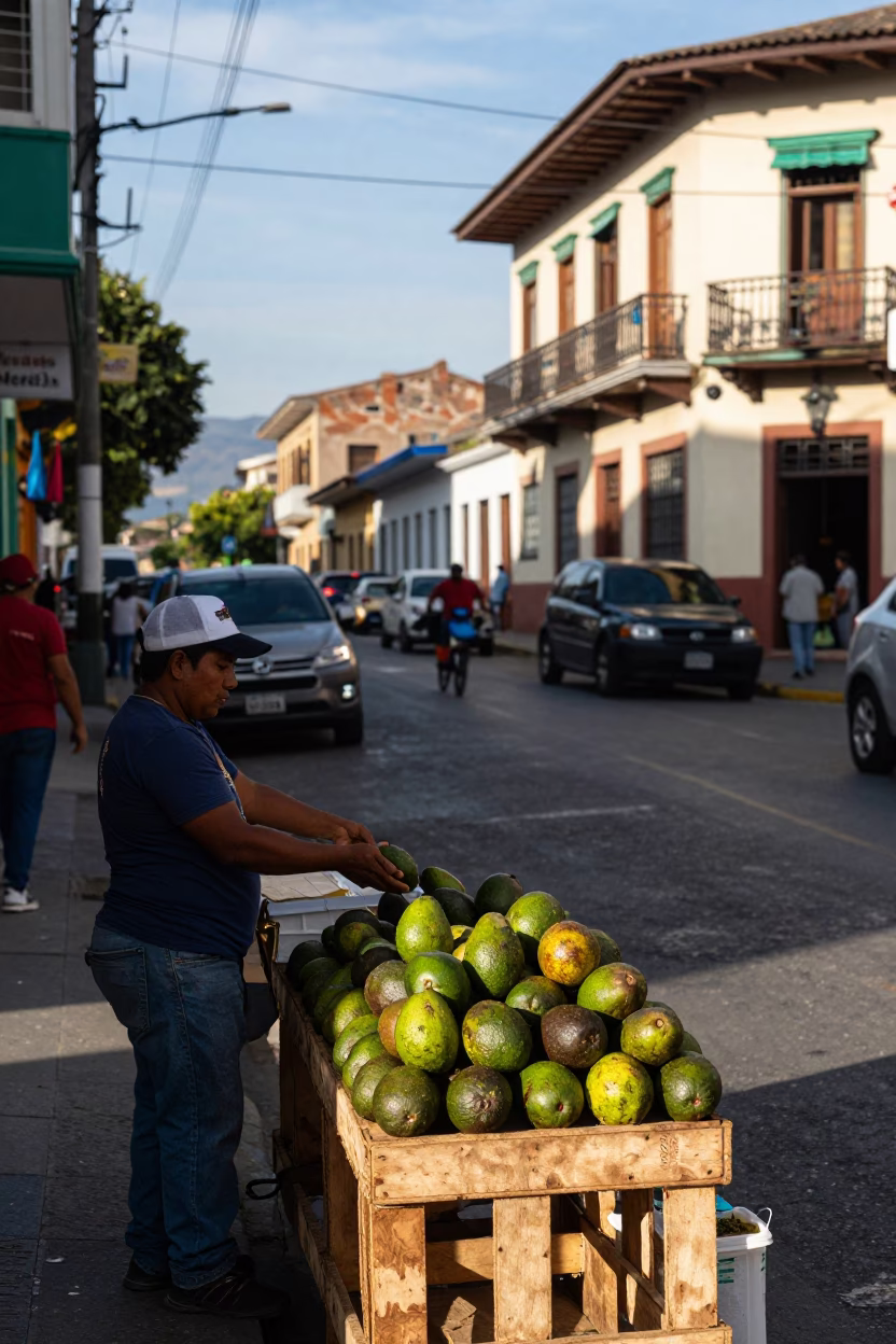 Busy Medellin Colombia Street Scene Early Afternoon with Avocados and Coffee Culture in in Medellin, Colombia