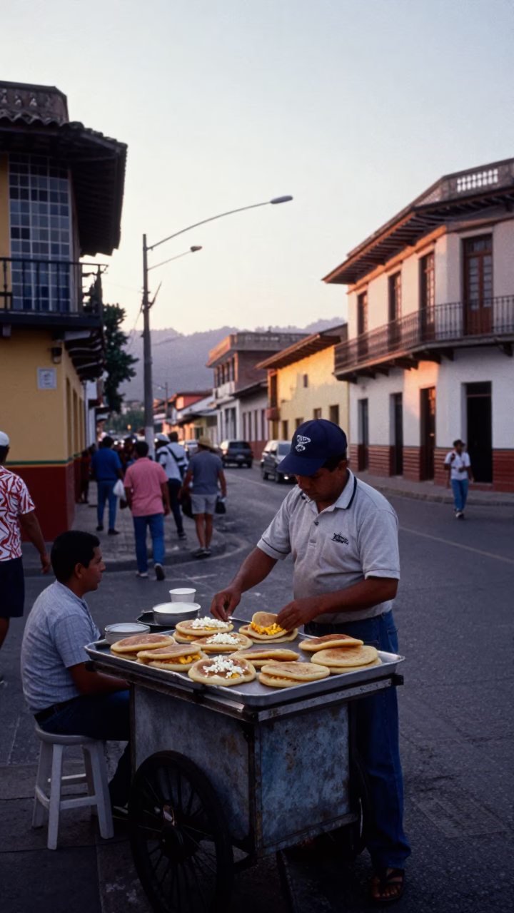 Busy Medellin Street Corner at Dawn with Arepas and Daily Life in in Medellin, Colombia