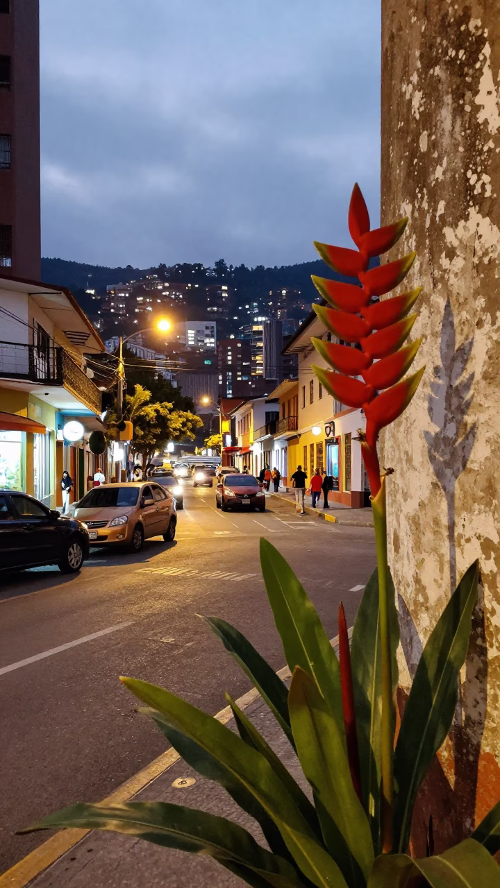 Busy Medellin Street Corner at Dusk with Heliconia and Urban Activity in in Medellin, Colombia