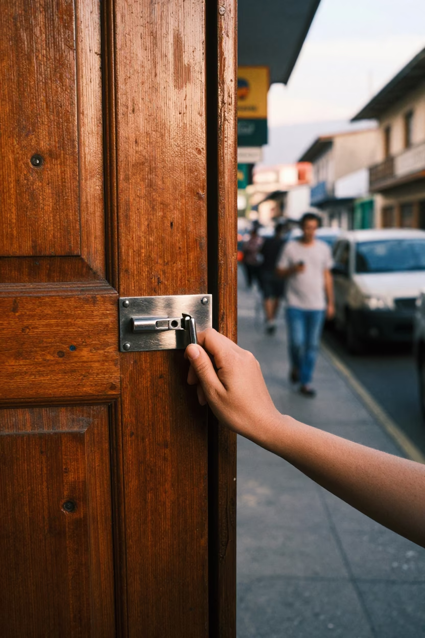 Busy Medellin Street Corner Late Morning with Brushed Steel Latch on Brick Wall in in Medellin, Colombia