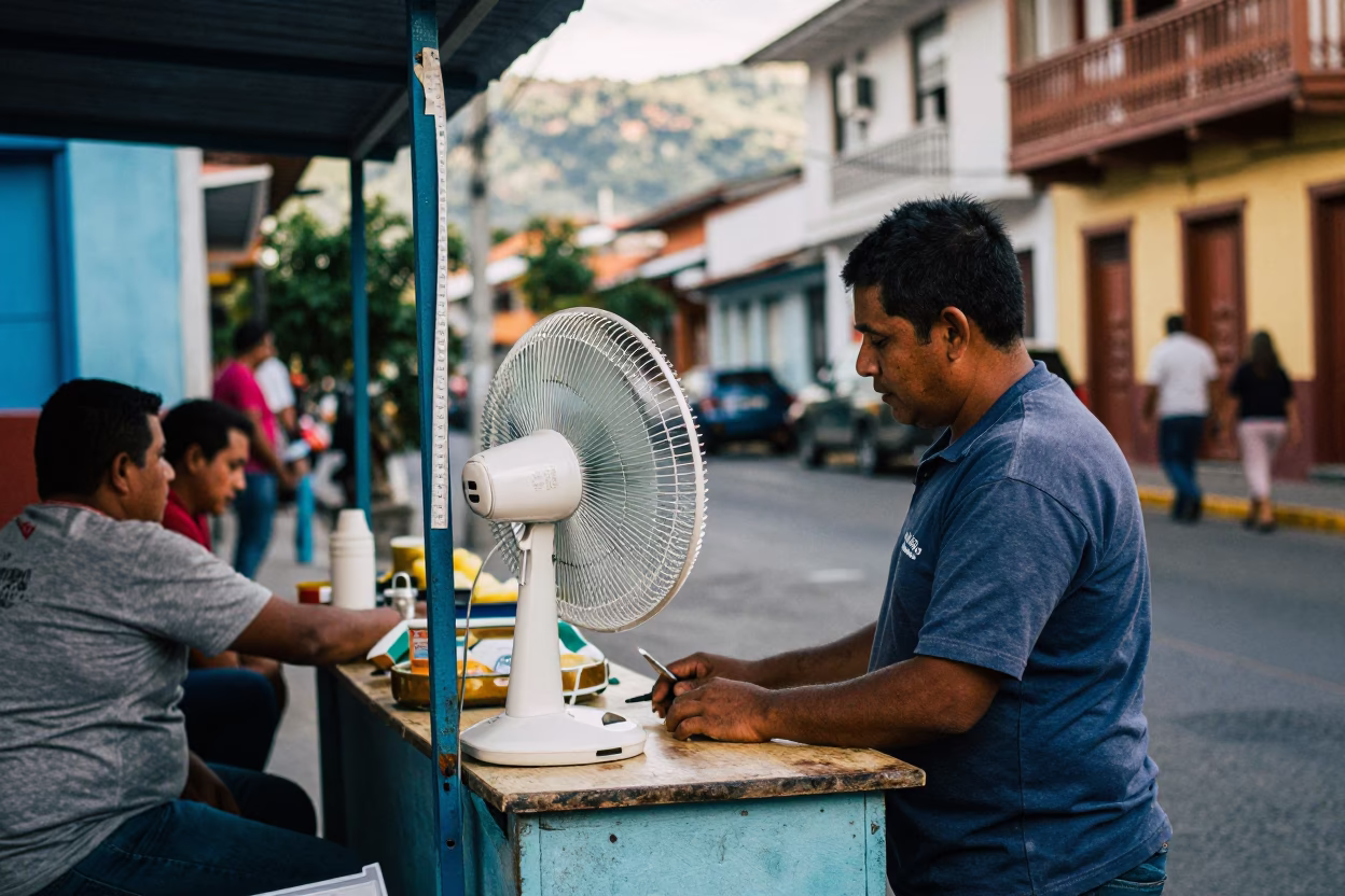 Busy Medellin Street Corner with Table Fan and Measuring Tape During Early Afternoon in in Medellin, Colombia