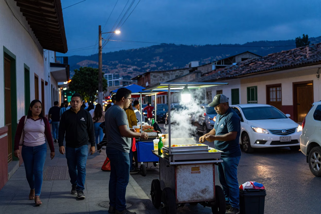 Busy Medellin Street Scene at Blue Hour with Food and Local Life in in Medellin, Colombia