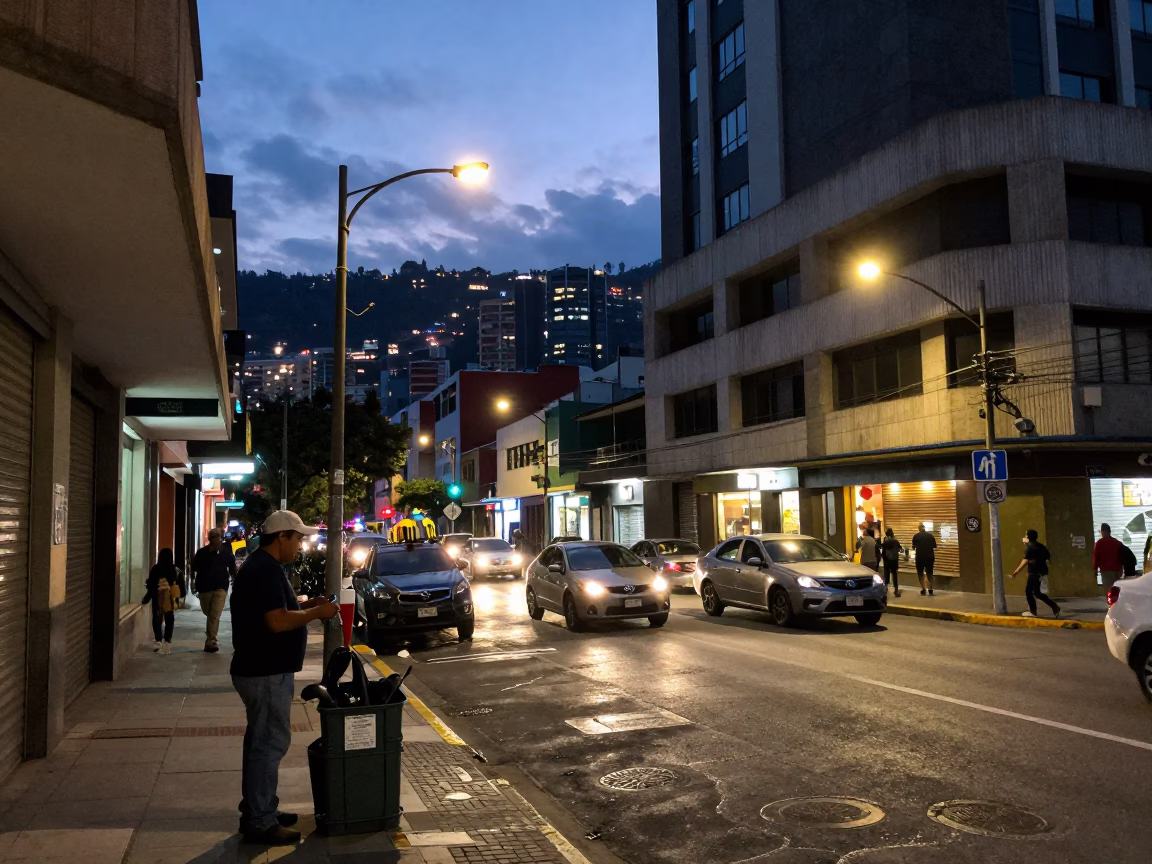 Busy Medellin Street Scene at Dusk with Brushed Steel Bottle and Houseplant on Balcony in in Medellin, Colombia