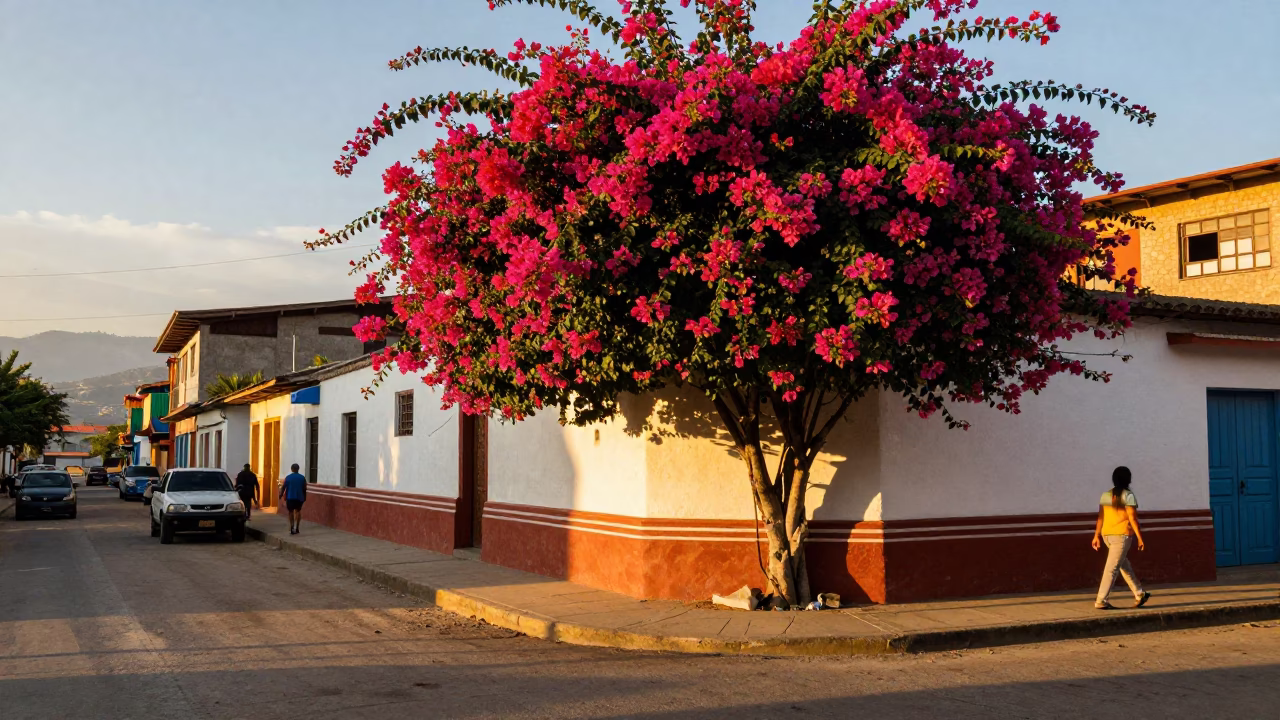 Busy Medellin Street Scene at Golden Hour with Bougainvillea and Construction in in Medellin, Colombia