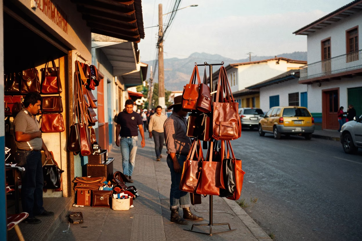 Busy Medellin Street Scene at Golden Hour with Leather Goods and Local Interaction in in Medellin, Colombia