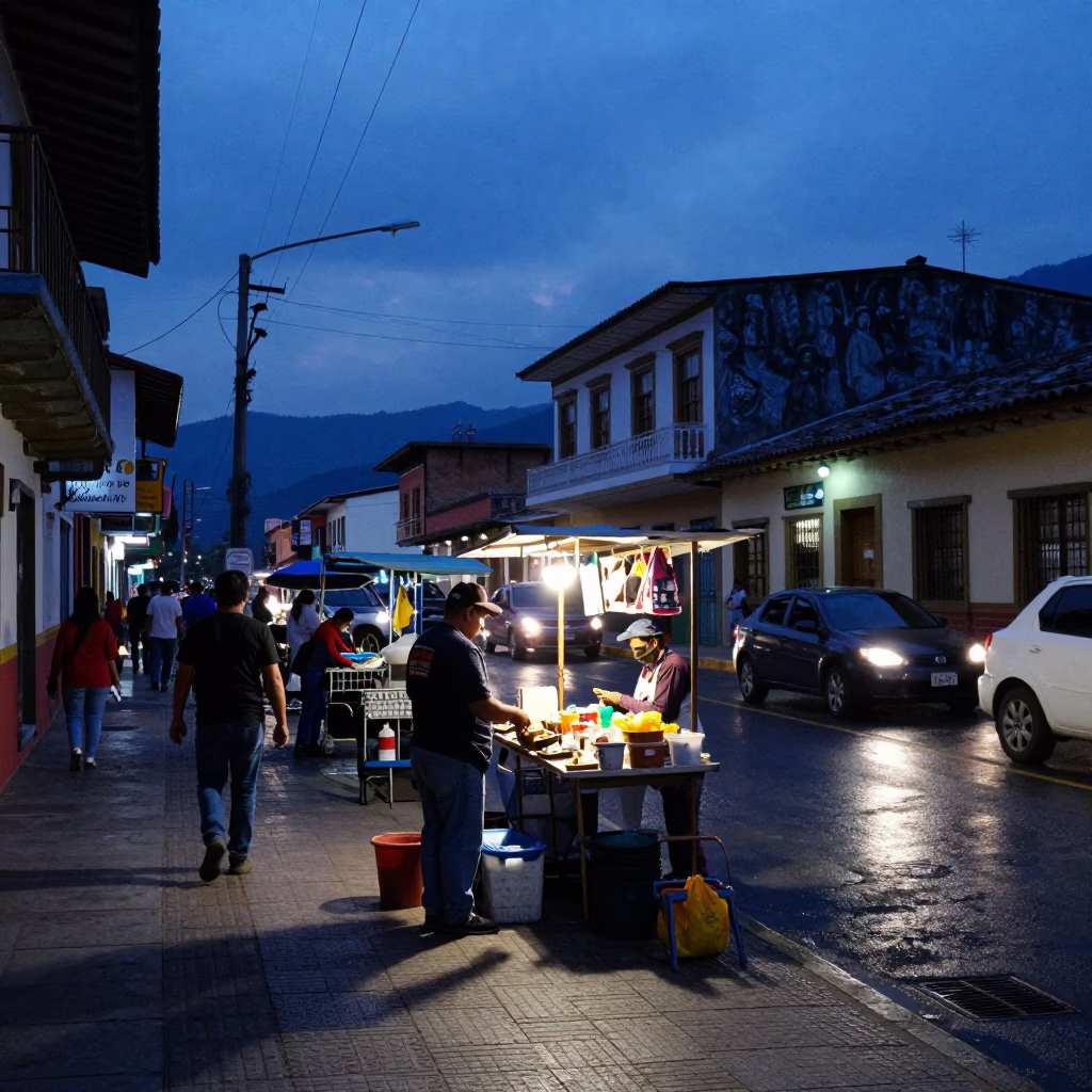 Busy Medellin Street Scene at Indigo Twilight with Local Vendor and Padlock in in Medellin, Colombia