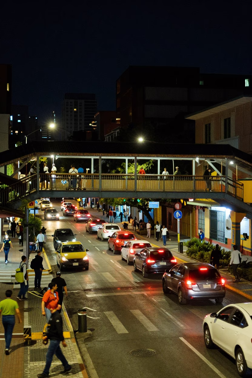 Busy Medellin Street Scene at Midnight with Pedestrian Overpass and Wet Footsteps in in Medellin, Colombia