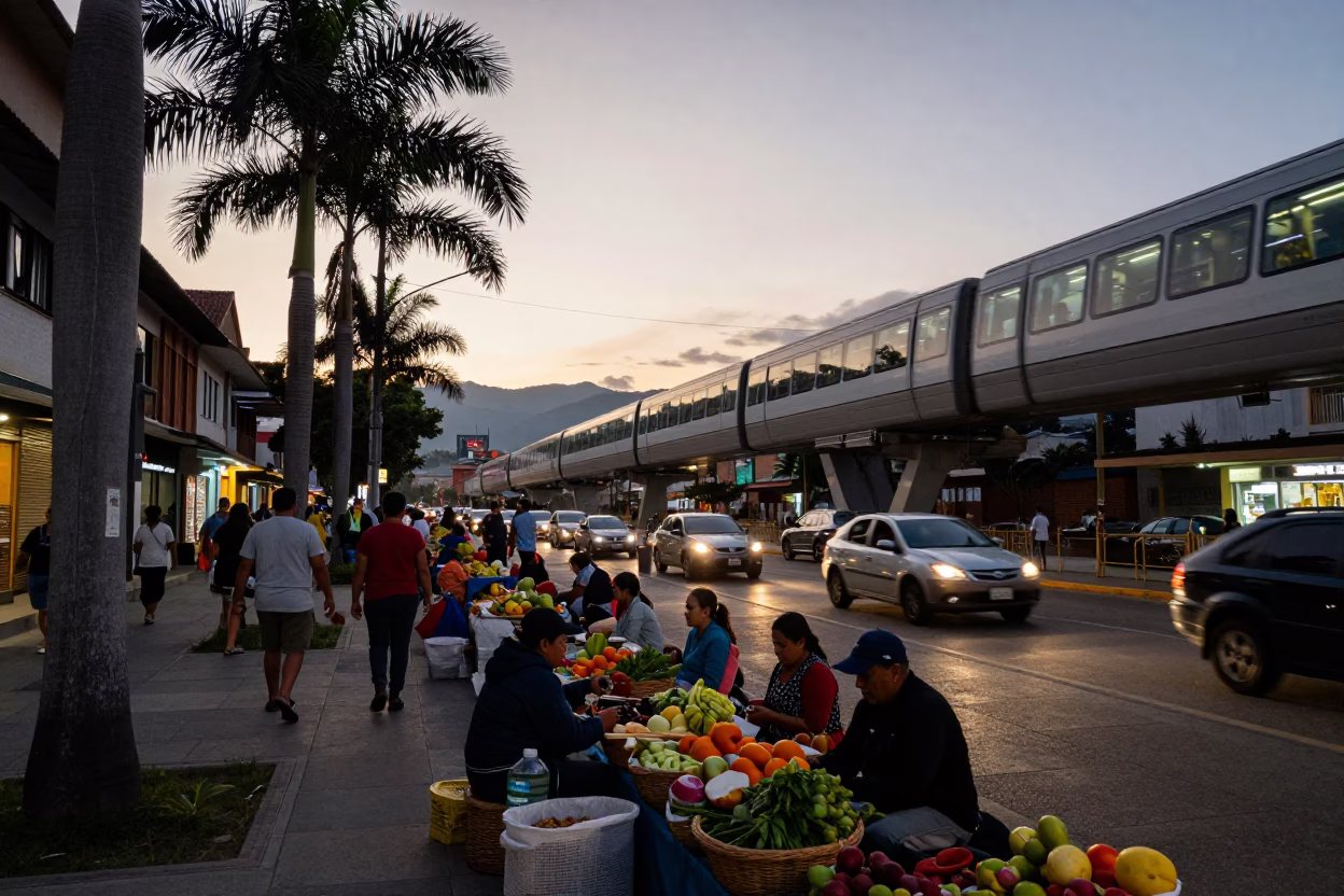 Busy Medellin Street Scene at Nautical Dawn with Monorail and Local Market Activity in in Medellin, Colombia
